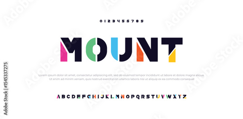 Mount Modern minimal logo alphabet font. Abstract scifi science futuristic typography sport, technology, fashion, digital, future creative logos fonts. vector illustration
