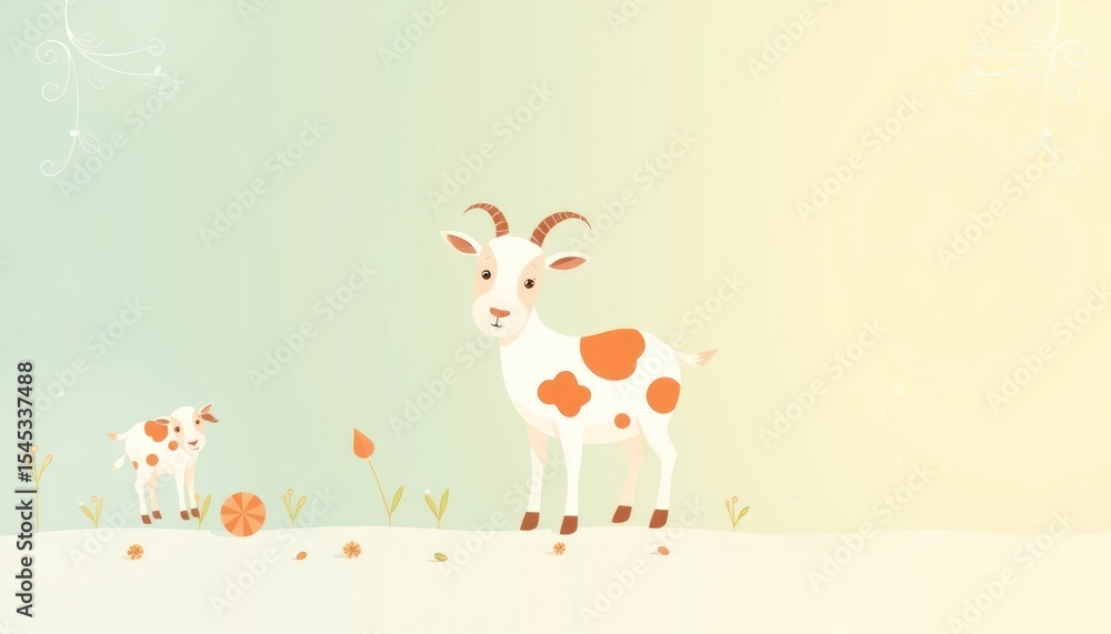 Naklejka premium Charming illustration of goats playing in a whimsical, pastel-colored landscape