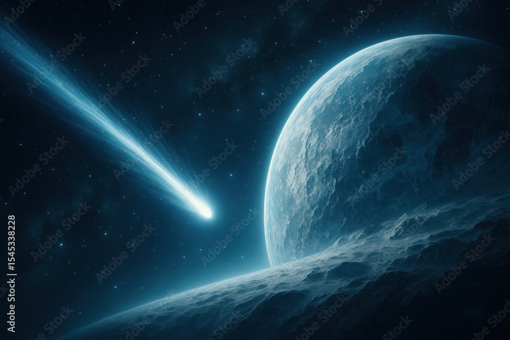 Obraz premium Blue planet with comet in the background.