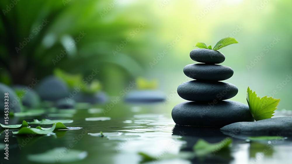 Naklejka premium Stacked smooth stones with green leaves rest on water, surrounded by natural greenery. For relaxation in a peaceful outdoor setting.