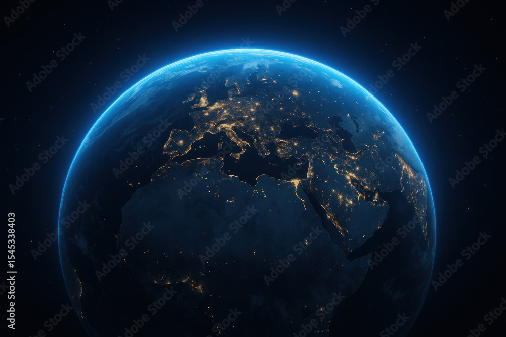 Obraz premium Dazzling city lights and dark oceans shine on Earth in the night.