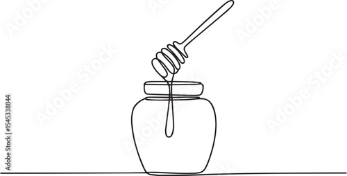  single-line drawing of a honey jar with dipper in continuous line art style on white background