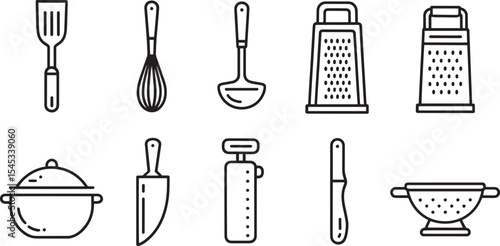 Black and White Line Art Kitchen Utensil Icons Set Spatula Whisk Ladle Grater Pot Knife Colander vector