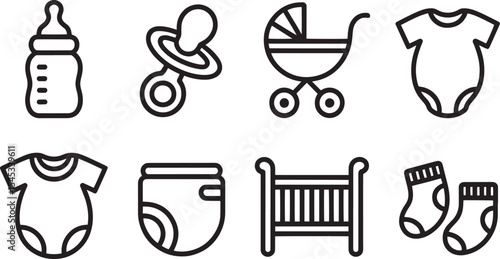 Black Line Baby Icons Set Stroller Bottle Pacifier Onesie Diaper Crib Socks Nursery Newborn Infant Child