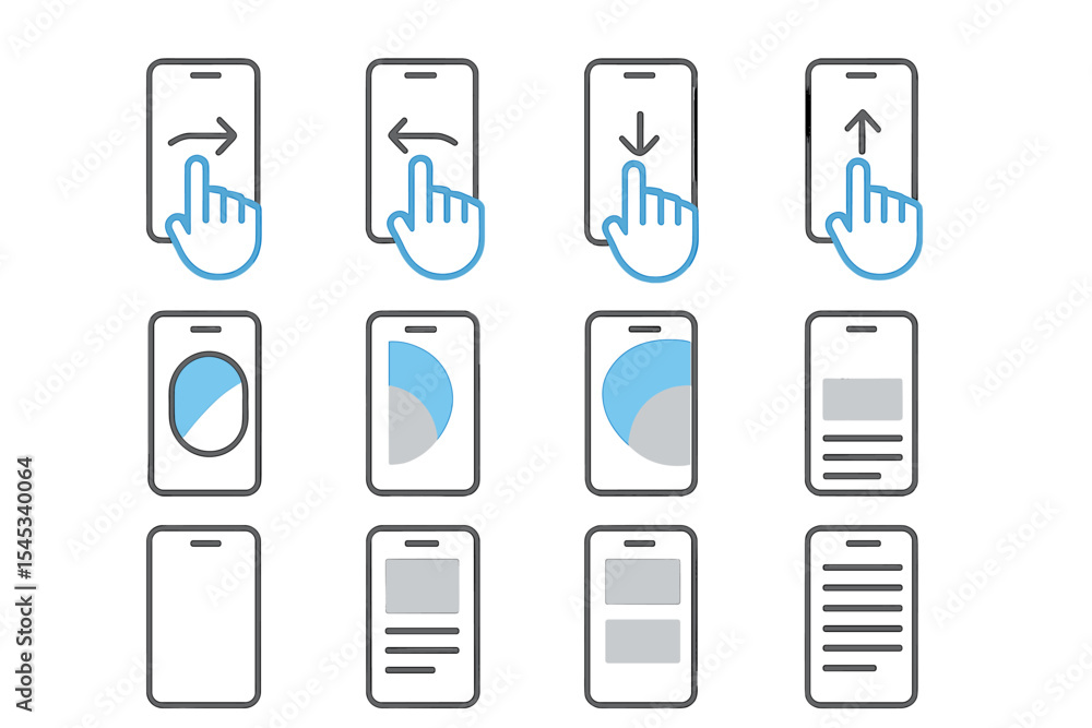 Mobile app interface with gesture controls and ui elements display Mobile app interface with gesture controls and ui elements display