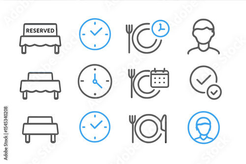 Restaurant reservation and dining icons with table, clock, and settings