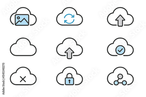 Cloud computing icons with upload, download, and security symbols
