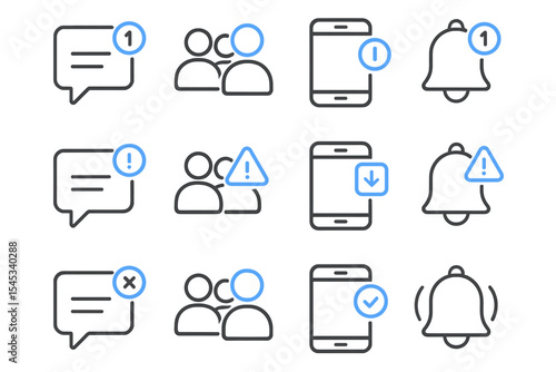Blue glowing notification and communication icons on dark background