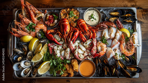 Top view of variety of seafood in tray, sea food buffet