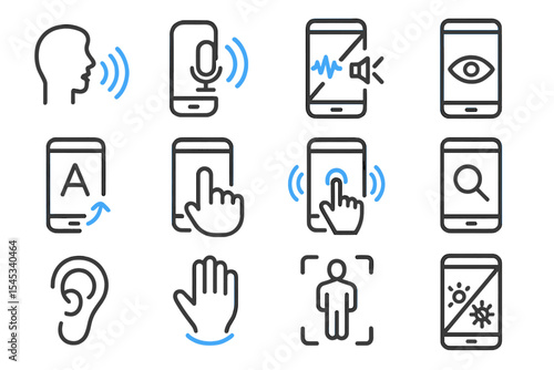 Icon set illustrating smartphone accessibility features and user interaction