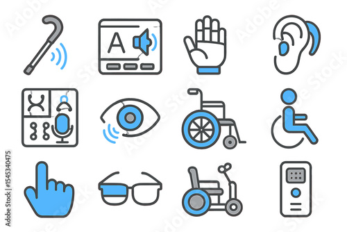 Assistive technology icons: accessibility tools for disabilities representation