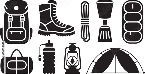 Black Silhouettes of Camping Gear Hiking Backpack Boots Lantern Tent Rope Water Bottle Duffel Bag vector