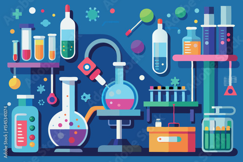 Colorful laboratory setup showcasing various scientific experiments and tools in a modern design
