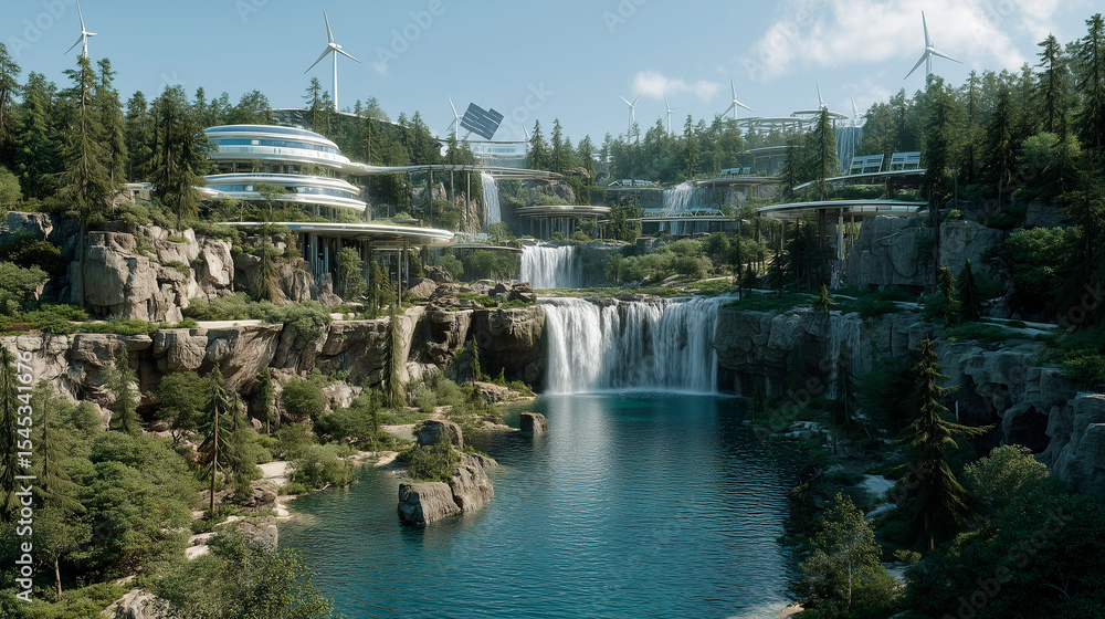 Futuristic eco data center near a waterfall, powered by wind turbines and solar panels, blending renewable energy with high-tech architecture in a lush natural setting. Futuristic eco data center near a waterfall, powered by wind turbines and solar panels, blending renewable energy with high-tech architecture in a lush natural setting.