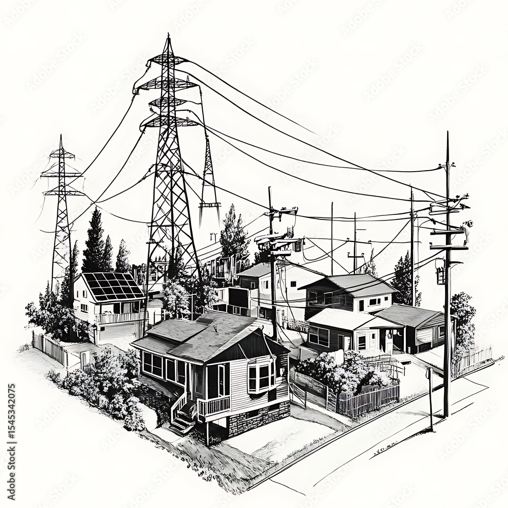 Fototapeta premium Suburban Power Grid Sketch.
