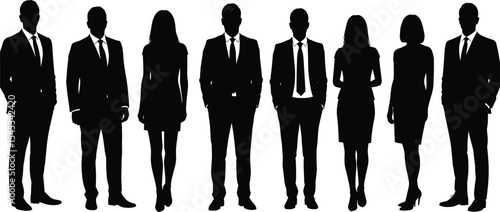 Business silhouettes, corporate teamwork, diverse professionals, leadership concept, standing in unity, office fashion, formal attire, modern workplace, career collaboration, isolated vector group