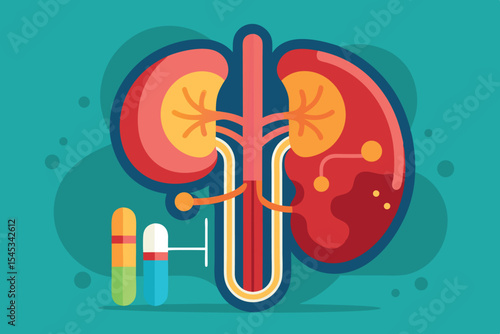 Illustration of human kidneys with anatomy details and medication