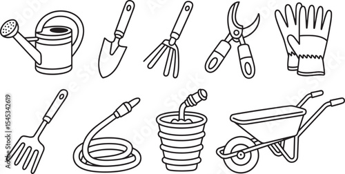 Gardening Tools Collection Watering Can Trowel Rake Pruners Gloves Hand Rake Hose Bucket Wheelbarrow Line Art