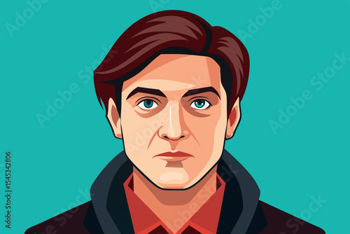 Digital illustration of a young man with striking blue eyes against a vibrant background