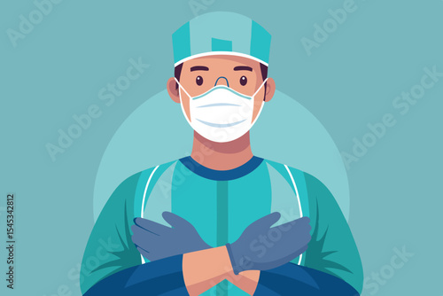 Medical professional demonstrating safety measures in a clinical setting