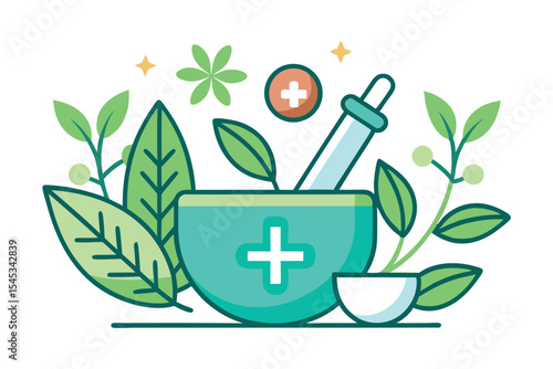 Herbal medicine tools with leaves and mortar showcasing natural health solutions