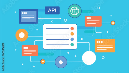Conceptual illustration of api integration with connected elements and a blue background