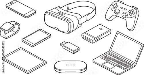 Isometric Line Art Illustration of Modern Gadgets Smartwatch Smartphone Tablet Laptop V R Headset Game