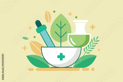 Herbal medicine preparation in a minimalist style with leaves and lab equipment