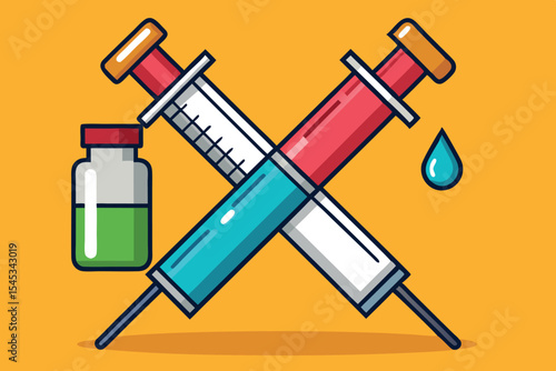 Colorful illustration of syringes and a vial on a bright background