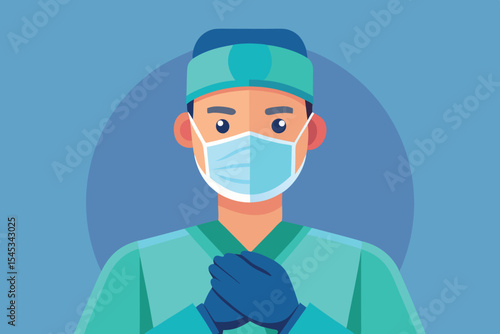 Medical professional wearing scrubs and mask in a clean environment preparing for a procedure