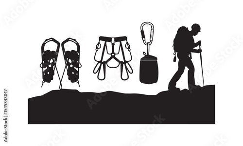 Black Silhouette Hiker Snowshoes Harness Carabiner Bag Trekking Mountain Winter Sport Equipment vector