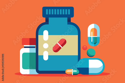 Colorful assortment of medication and vitamins on vibrant background