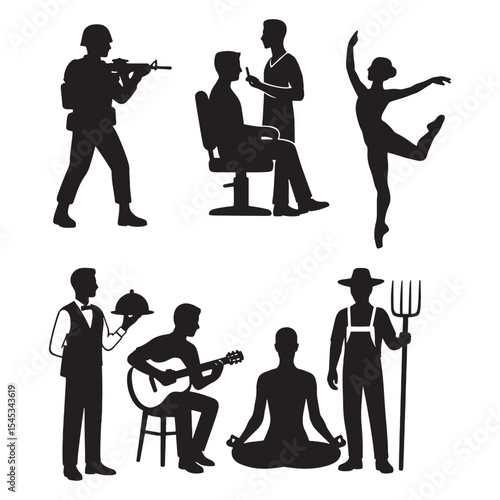 Black Silhouettes Diverse Professions Soldier Barber Ballerina Waiter Musician Yogi Farmer vector
