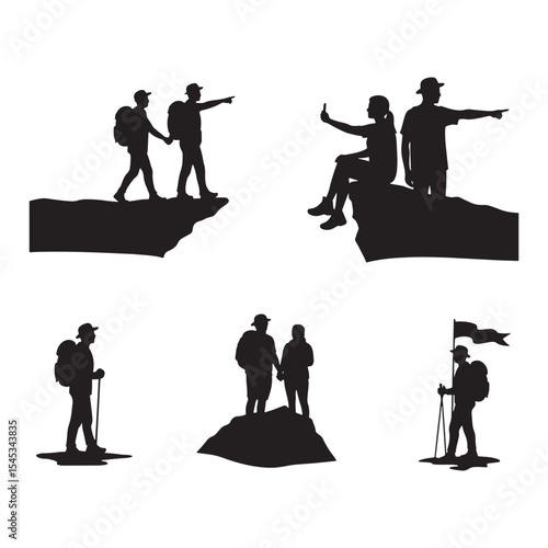 Black Silhouettes of Hikers Couples Exploring Mountain Peaks and Landscapes mountains