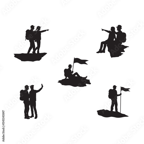 Black Silhouettes of Hikers Exploring Mountains Taking Selfies and Holding Flags hiking backpack
