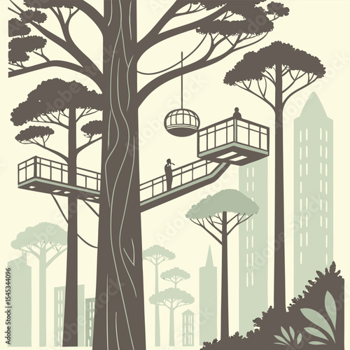 Illustration of a treehouse complex with platforms and walkways among trees in a city landscape
