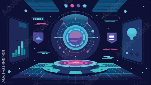 Futuristic digital interface design with glowing elements and technical data displays