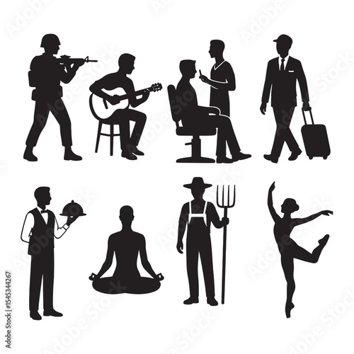 Eight Black Silhouettes Diverse Professions People Musician Soldier Barber Businessman Waiter Yogi Farmer Ballerina