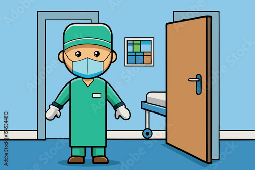 Cartoon doctor wearing scrubs and mask in clinic room