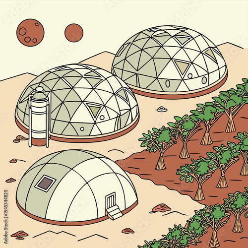 Illustration of martian colony with domes, trees, and planets in a stylized cartoonish design