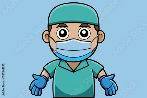 Cartoon character wearing surgical scrubs and mask in a simple blue background, promoting health awareness in medical context