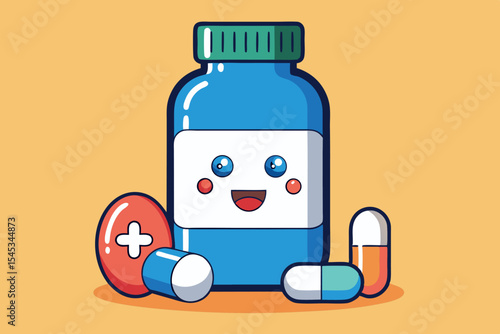 Bottled medicine with smiling face and colorful pills on a bright background