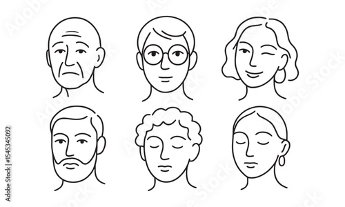 Six Line Art Portraits Diverse People Expressions Black White Minimalist Illustrations faces