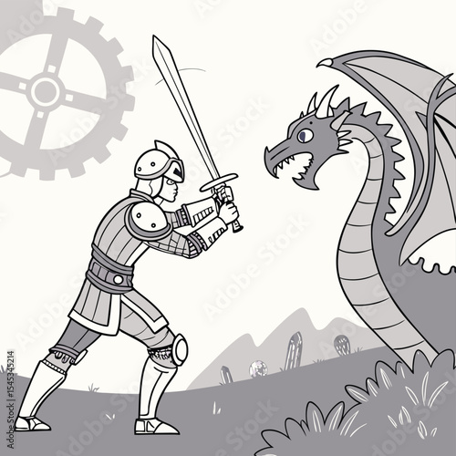 A knight facing a dragon with a sword in a grayscale landscape with a gear in the background