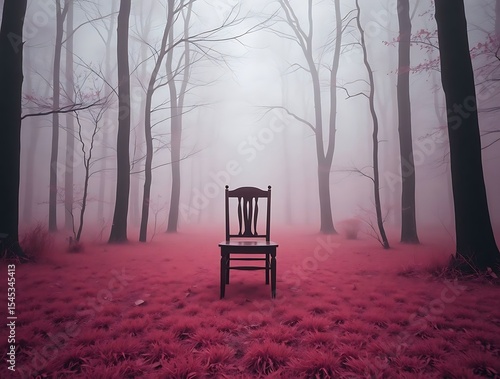 Empty chair in a foggy, crimson forest