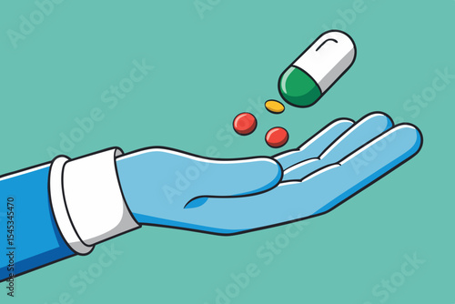 Hand in surgical glove holding medicine capsules over green background with pills being released