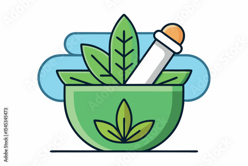 Green herbal bowl filled with fresh leaves and a tube
