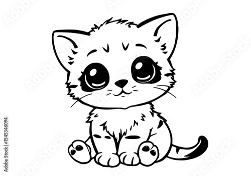 A cute, fluffy kitten with large eyes, sitting patiently with a soft expression and tiny paws, sketched in black line art style.