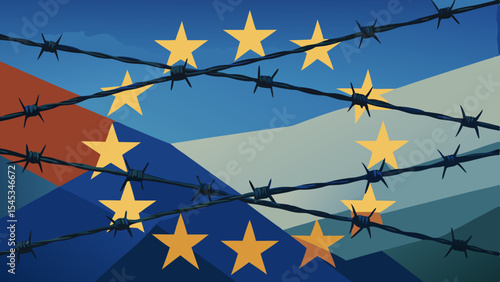 Barbed wire against a backdrop of the European Union flag  