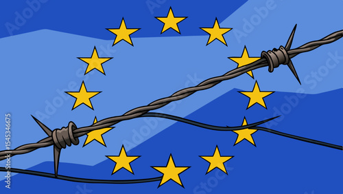 Barbed wire against a backdrop of the European Union flag  
